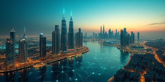 Modern city skyline connected via digital networks